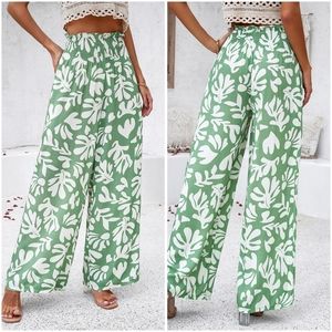 Green Smocked Printed Wide Leg Pants